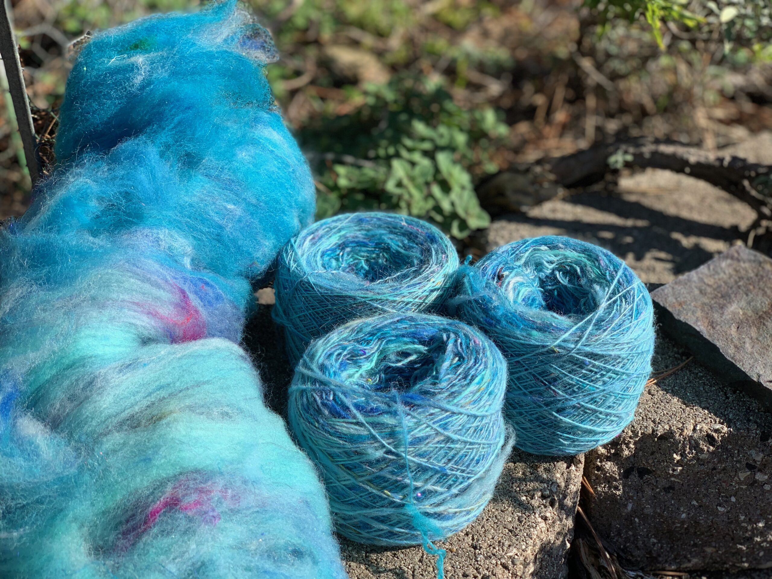 An outdoor staging of the fiber batt and three cakes of singles spun from the same fiber. As in the previous image, the colors are in shades of blues with occasional spots of purple.